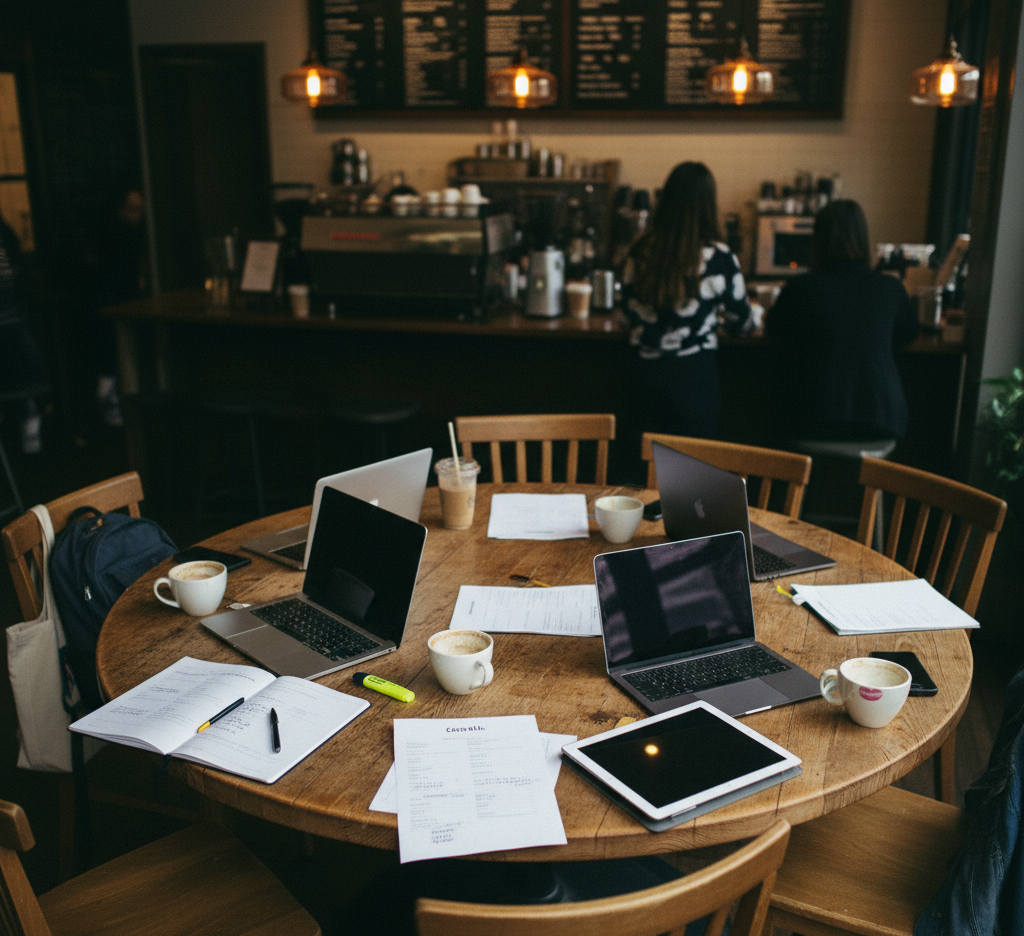 Laptops and papers at a coffee shop meeting