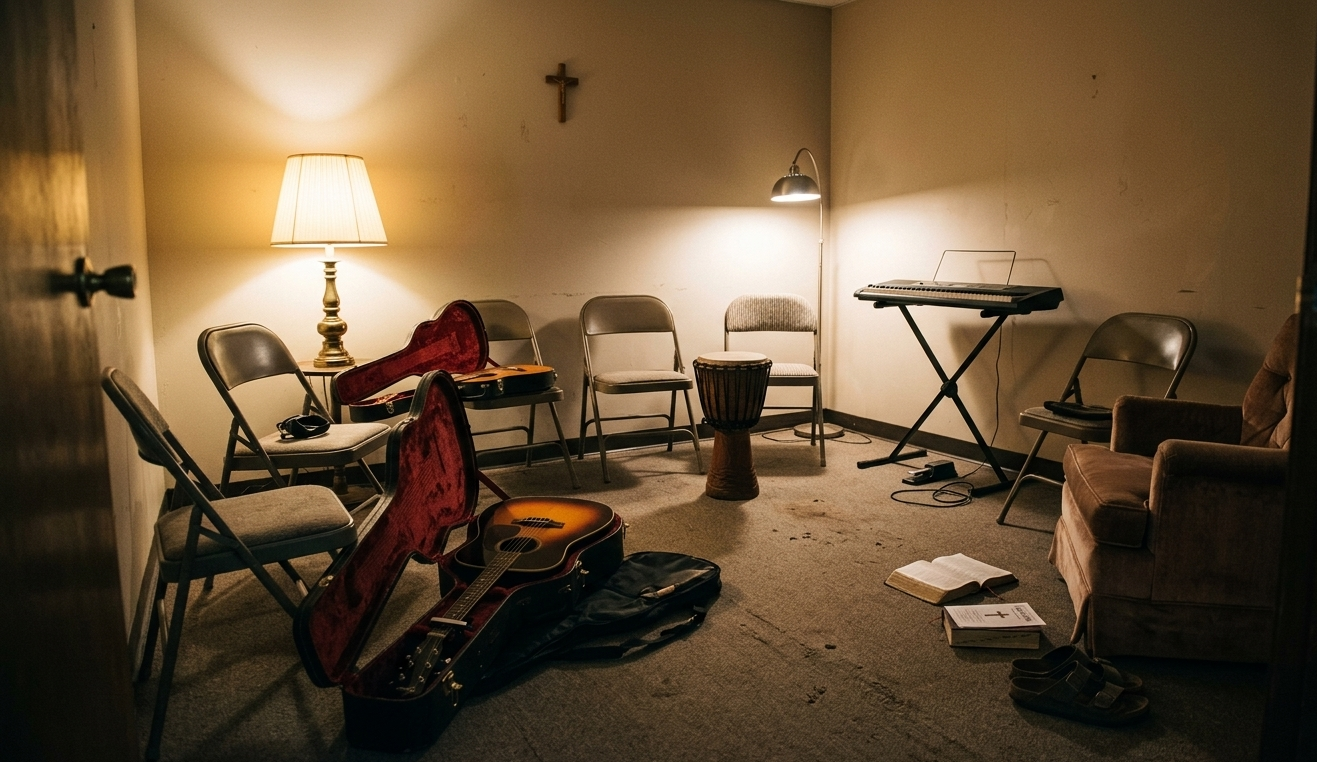 Setlist and Bible on pew in evening light
